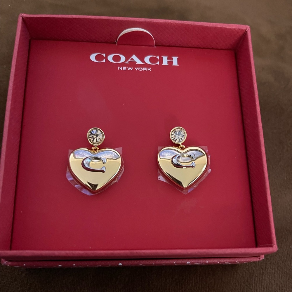 Brand New Coach Signature Heart Drop Earrings Gold color